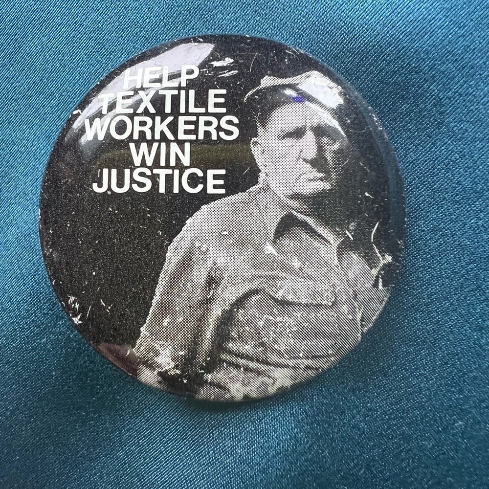 Help Textile Workers Win Justice Pin - Black & White Graphic Button
